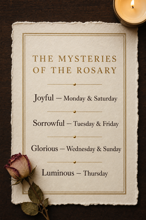 Rosary Mysteries Reference Card — printable Catholic prayer card