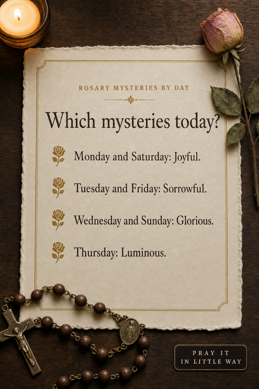 Rosary Mysteries by Day of the Week — printable Catholic prayer card