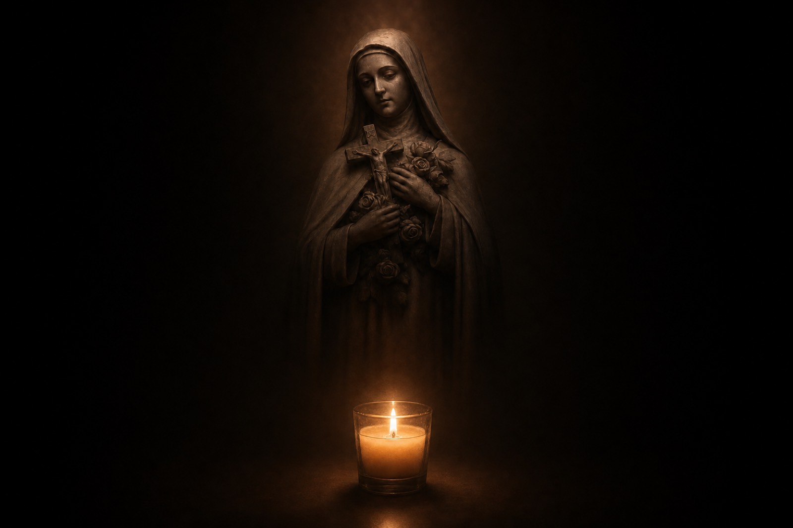 A statue of Our Lady holding roses and a crucifix, lit by a single candle in the dark — the Chapel of Intercession