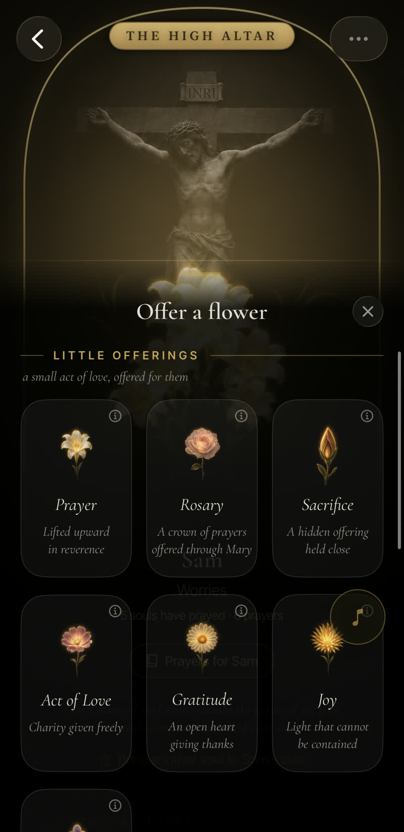 Offer a flower — Prayer, Rosary, Sacrifice, Act of Love, Gratitude, Joy — each a glowing painted flower