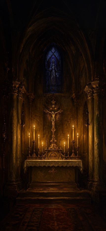 A dark Gothic side chapel at night with a gold crucifix on the altar, lit candles, and a blue stained-glass window above.