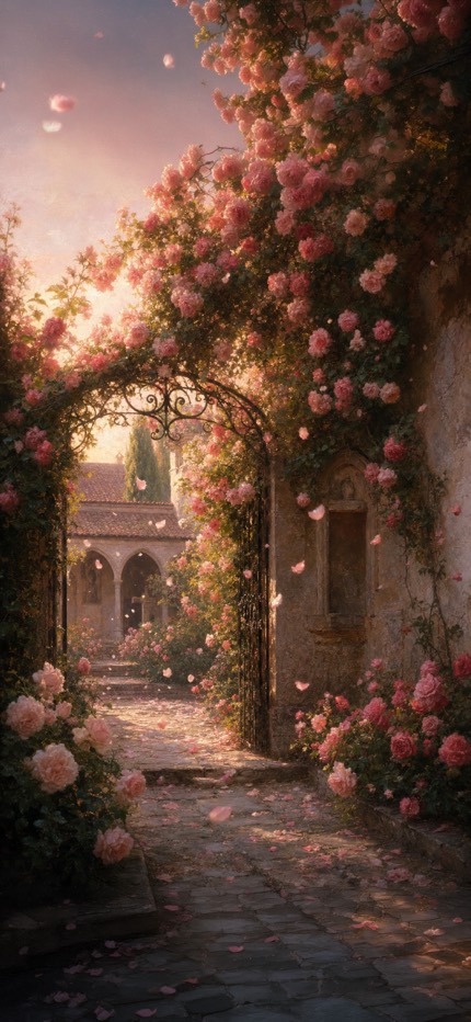 An open wrought-iron garden gate under climbing pink roses, opening onto a sunlit monastery cloister with petals falling on the path.